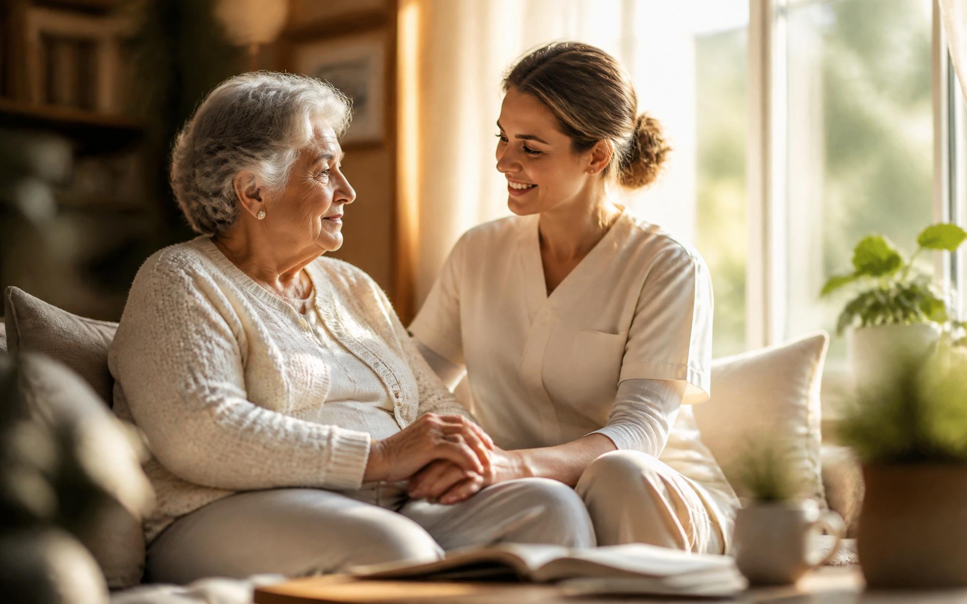 Betreuerin und Seniorin lächeln zusammen im warmen Sonnenlicht